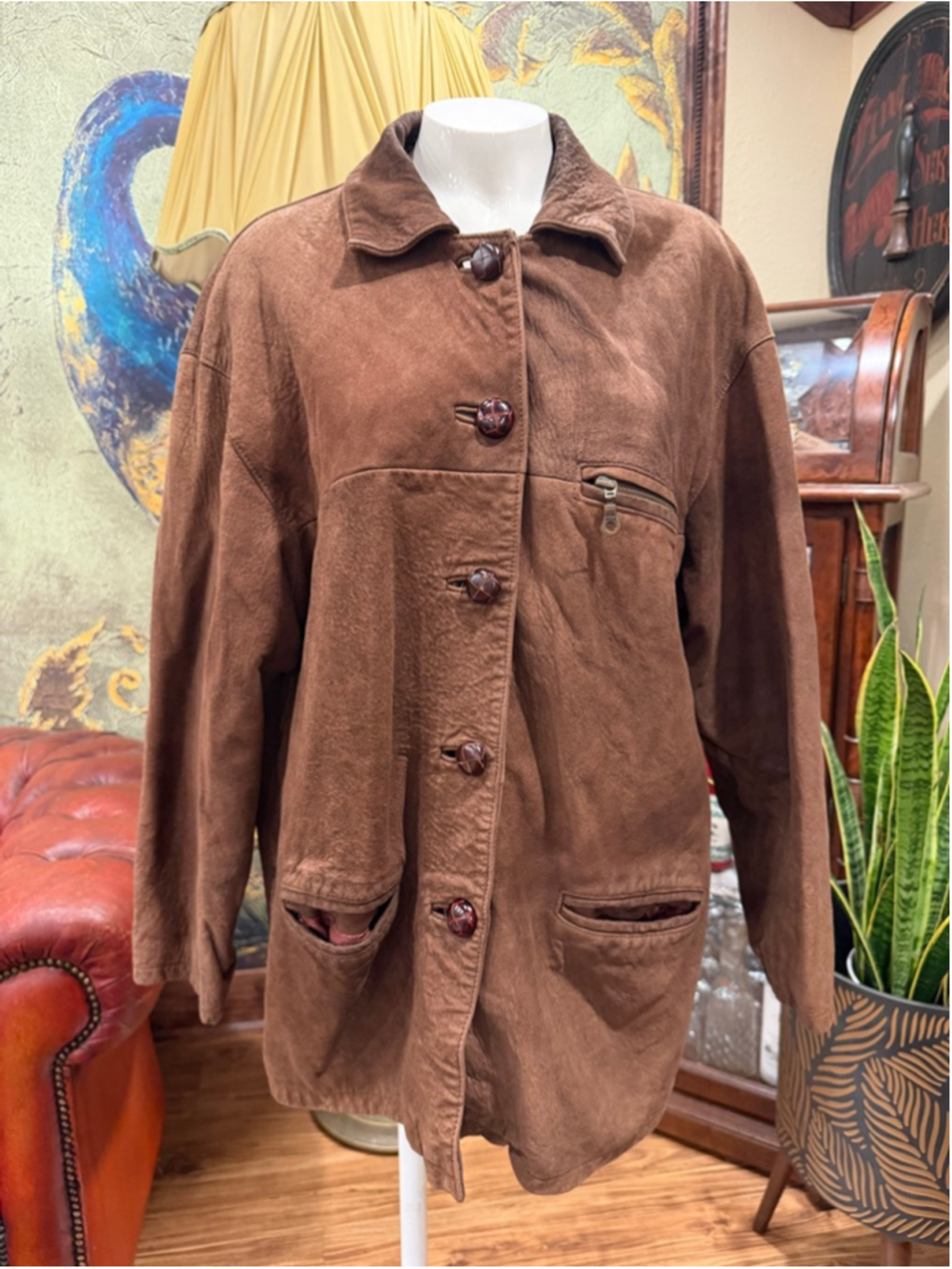 Vintage OASIS Brown Suede Leather Jacket Minimalist Western Cowboy Rancher Coat - Picture 4 of 12